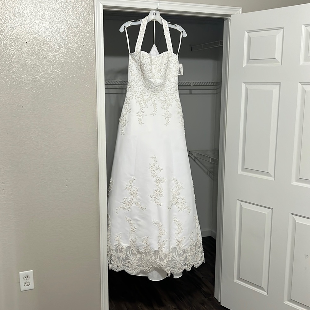 Wedding Dress “David’s Bridal” never worn. Bag is torn at top from hanging. Sz 6
